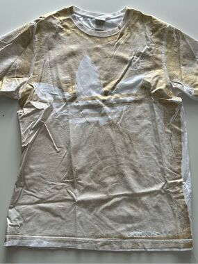 Adidas White Tee with Gold Detail and Blue Tag
